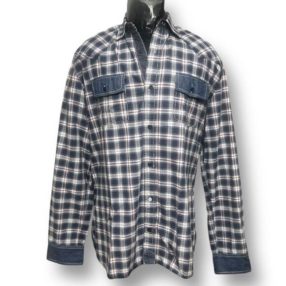 Buffalo David Bitton XL Blue Plaid Button Up Shirt Denim Trim Grunge Western - Picture 1 of 9